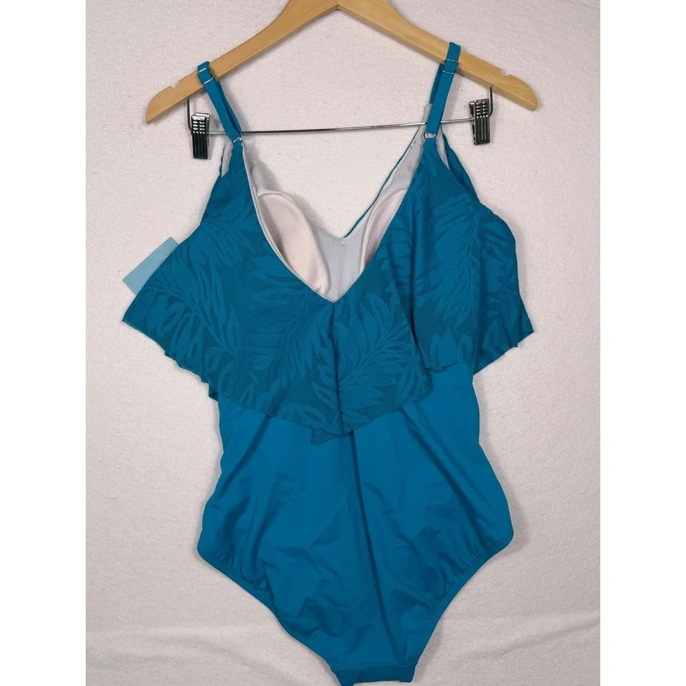 Bal Harbour Swim One‎ Piece Women 14 Teal Blue Ruffle Tropical Palm Leaf NEW